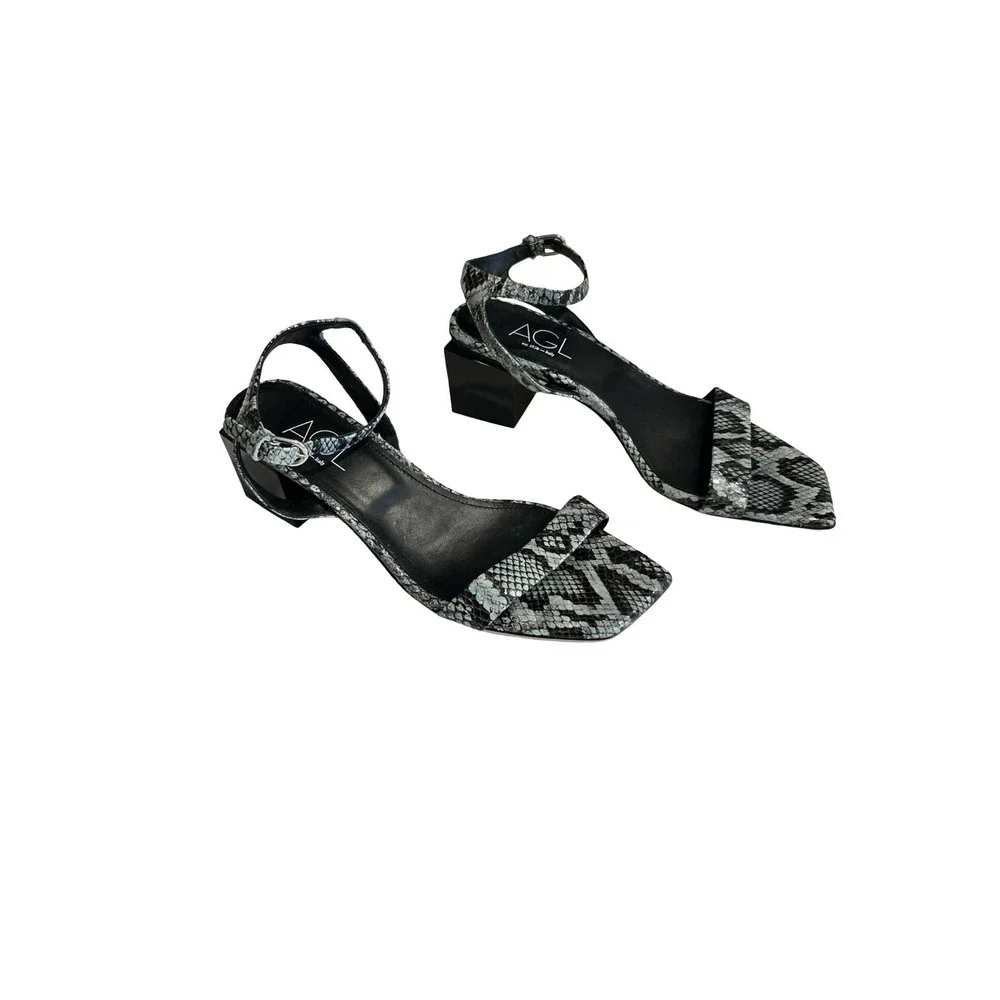 AGL Women's Angie Strap Sandals Size 41 Black Snakeskin‎ Block Heel 10